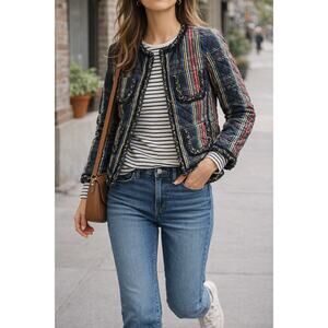 J.Crew Quilted Lady Jacket Stewart Plaid Braided Trim Collarless Size 2